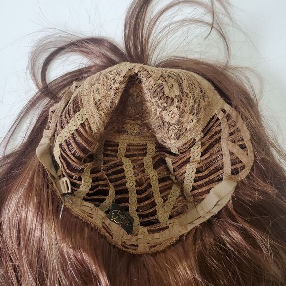 long straight brown wig with curtain bangs red highlights NEW - Picture 6 of 7